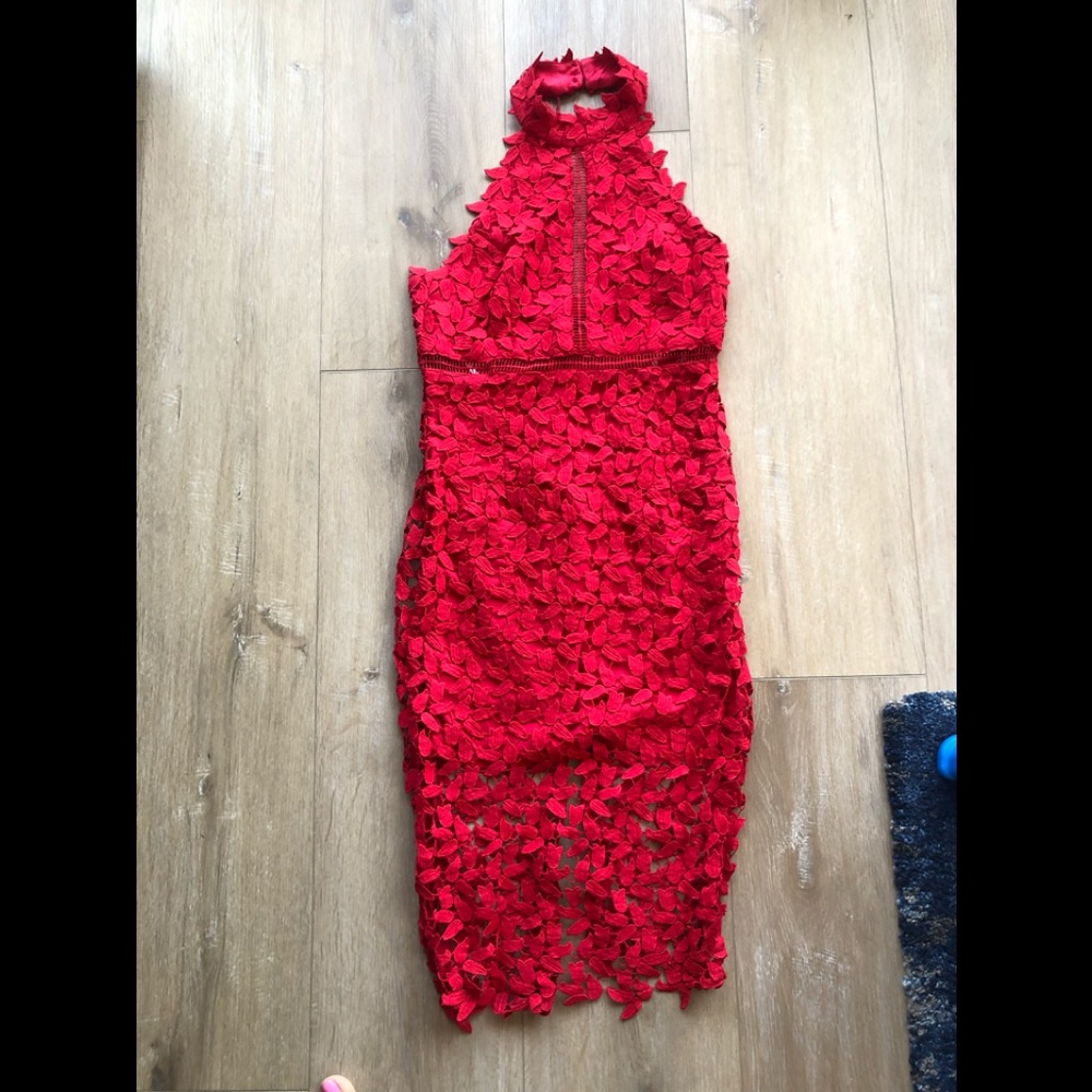 Bardot Halter Lace Midi Dress